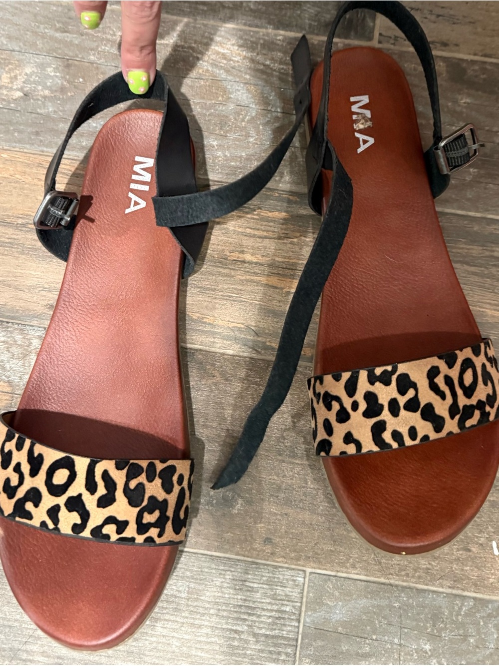 MIA Leopard Print & Black Ankle-Strap Sandals